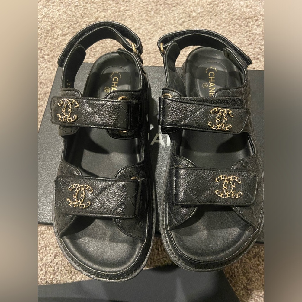CHANEL Black Quilted Leather Sandals with CC Logo